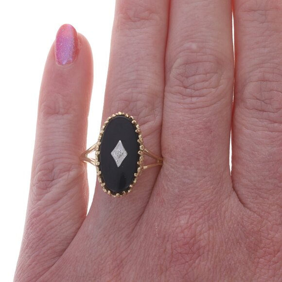 Yellow Gold Diamond Onyx Ring - 10k Single - Picture 2 of 6